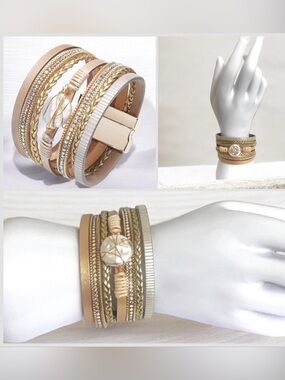 Multi-Strand khaki Gold & Cream Wrap Bracelet with Iridescent Beads